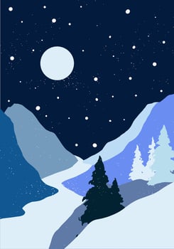 Flat winter poster landscape with silhouettes of trees, hills and mountains with falling snow, Christmas scene, panorama, horizon, fir tree, cold weather, Northern vector