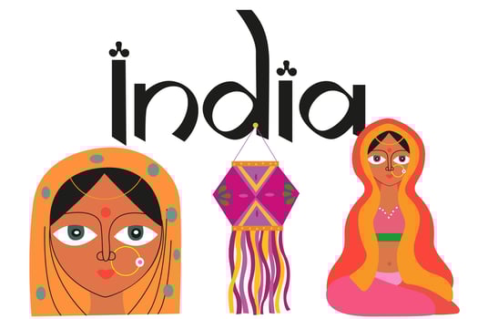 Flat India Independence Day. Handwriting India inscription on white background. Indian Woman In Traditional clothes. Indian culture concept vector