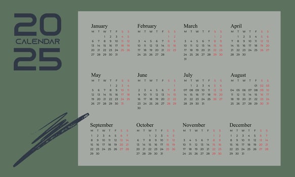Calendar 2025, illustration, Template. Mock up week starts on Sunday vector