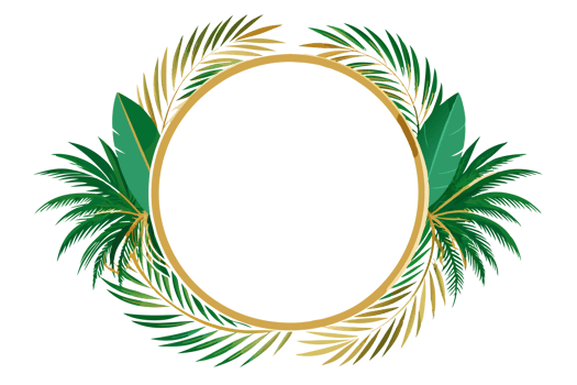 A golden circular frame decorated with various green leaves is centered png