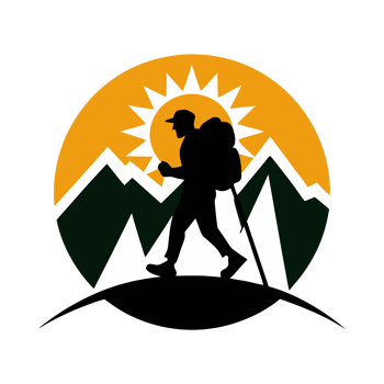A silhouette of a hiker with a backpack and walking stick is set against a backdrop of snow capped mountains and a rising png