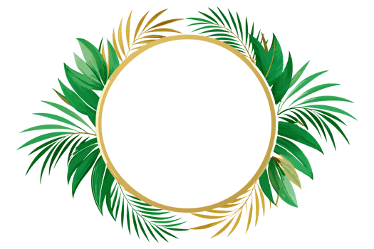 A golden circular frame decorated with various green leaves is centered png