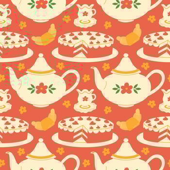 Seamless pattern with teapot, cake and teacup. Porcelain tea set. Tea party. vector
