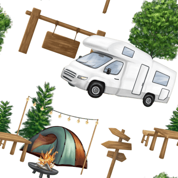 Seamless pattern with campground, wooden picnic table, white motorhome and campfire in forest among fir trees. A tourist trip to nature, parks and nature reserves. Isolated illustration png