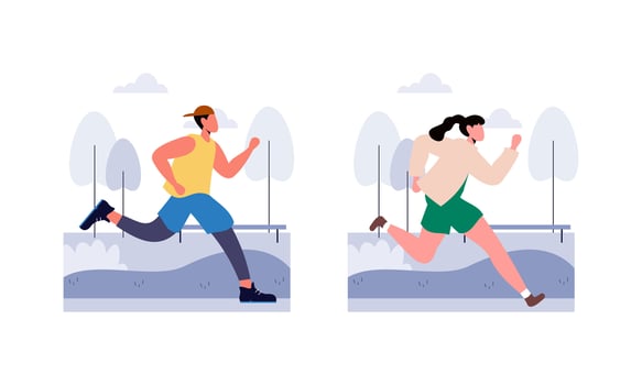People jogging illustration. Active healthy joggers. Men, women runners running, training outdoors vector