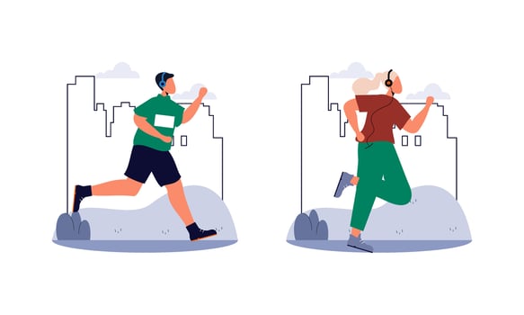 People jogging illustration. Active healthy joggers. Men, women runners running, training outdoors vector