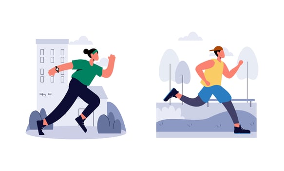 People jogging illustration. Active healthy joggers. Men, women runners running, training outdoors vector