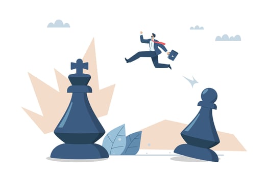 Businessman jumps from pawn chess to king chess, Changing mission critical goals and business strategy, Planning to achieve goals, design illustration. vector