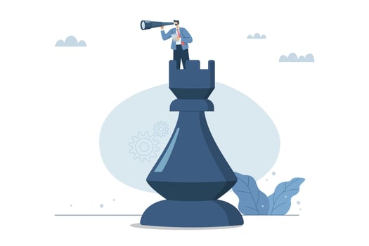 Business planning for leaders, Constant search for opportunities, Business strategy vision, Businessman standing on rook chess piece with binoculars for business vision, design illustration. vector