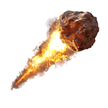 A meteorite's fiery descent is captured against a transparent canvas png