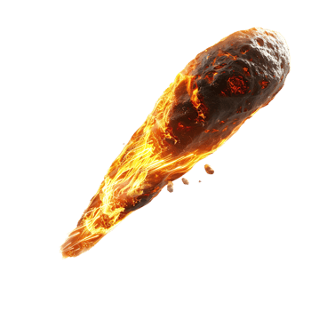 A meteorite's fiery descent is captured against a transparent canvas png