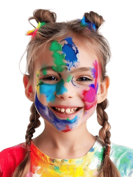 Happy girl kid with colorful face paint, isolated against a transparent background png