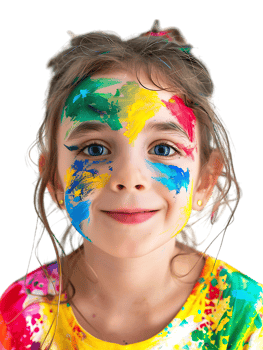 Happy girl kid with colorful face paint, isolated against a transparent background png