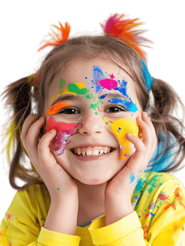 Happy girl kid with colorful face paint, isolated against a transparent background png