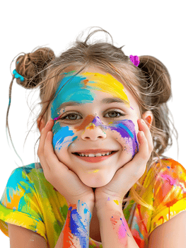 Happy girl kid with colorful face paint, isolated against a transparent background png