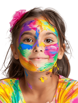 Happy girl kid with colorful face paint, isolated against a transparent background png