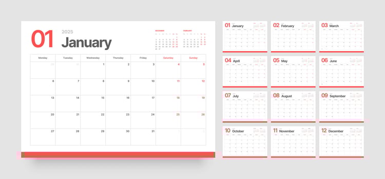 Monthly calendar template for 2025 year. Diary planner in a minimalist style. Week Starts on Monday. vector