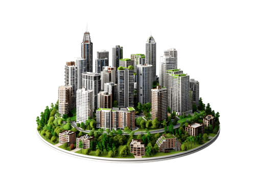 High-rise Buildings in a Circular Urban Cityscape Isolated on a transparent background png