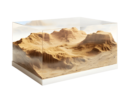Miniature desert landscape with sand dunes as showpiece. Isolated on a transparent background png