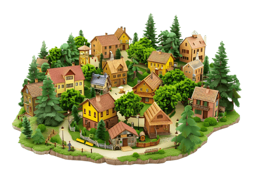 Colorful Village with Vibrant Houses Isolated on a transparent background png