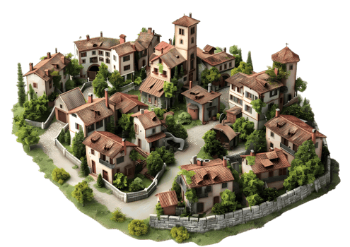 Medieval Village with Stone Houses Isolated on a transparent background png