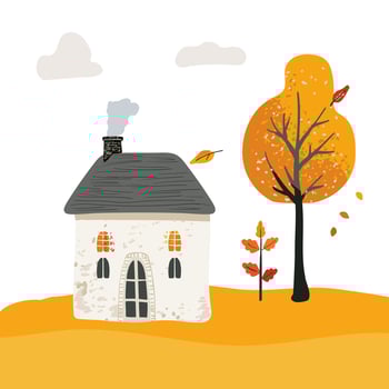 Cartoon magical Village House with a tiled roof. Folk yellow tree and red bush. Cute postcard and poster, for printing on clothing textiles vector