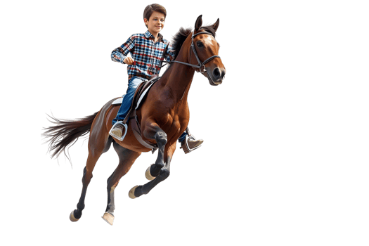A well-trained boy riding horse with safety on, isolated on transparent background png