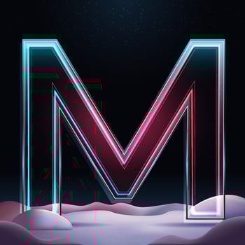 3D glass letter M with neon light insight. Big relistic letter with sparkles and winter background. Holiday decoration. Element for design poster, advertisign or game vector