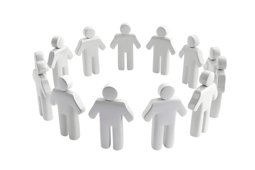 Pack of 3D white human figures standing in a circle representing community isolated on a transparent background png