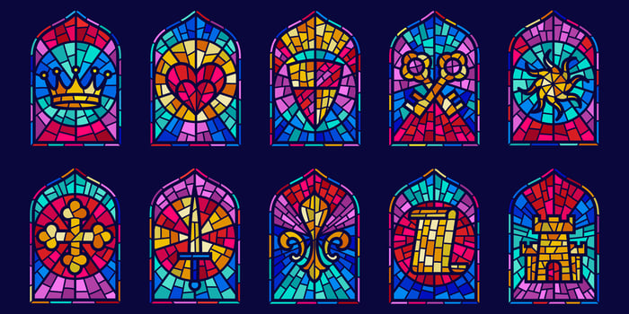 Church glass windows. Gothic arch frame with medieval symbols. Vintage architecture elements. Stained color mosaic decoration set with crown, heart, shield and sword vector