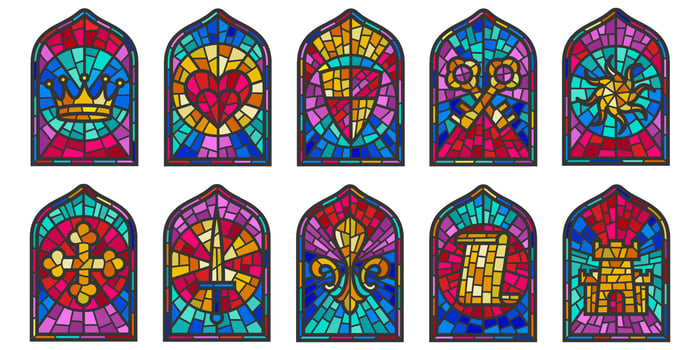 Church glass windows. Gothic arch frame with medieval symbols. Vintage architecture elements. Stained color mosaic decoration set with crown, heart, shield and sword vector