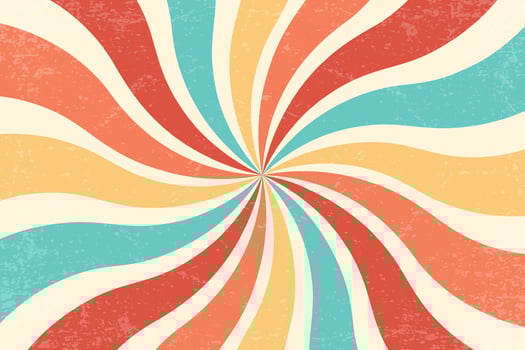 Spiral retro pattern background. Swirl groovy sun rays. Psychedelic radial burst with grunge texture. 70s starburst hypnotic illustration. Vintage circular abstract colorful bg. vector