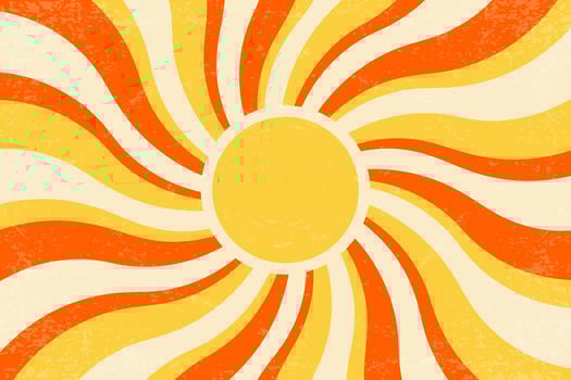 Sunrays retro background. Summer 70s poster. Abstract groovy design with grunge texture. Old paper banner with orange spiral beams on yellow backdrop. vector
