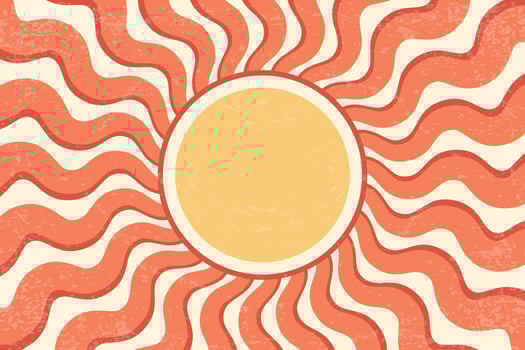 Sunrays retro background. Summer 70s poster. Abstract groovy design with grunge texture. Old paper banner with orange spiral beams on yellow backdrop. vector