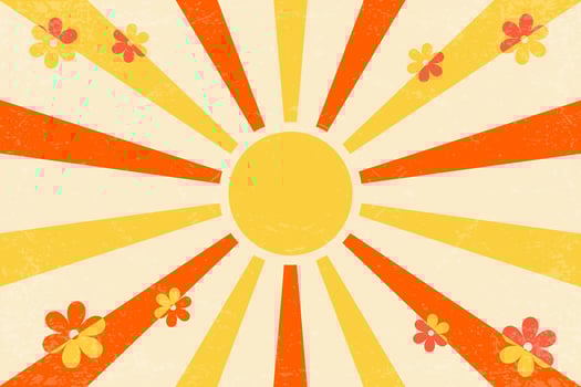 Sunny retro background with radial rays and daisy flowers. Bright 70s abstract poster with beams. Groovy vintage design illustration. Color old paper grunge texture banner vector