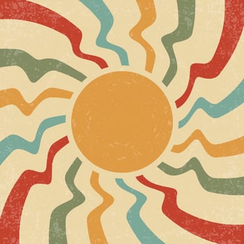 Sunrays retro background. Summer 70s festive poster. Abstract groovy design with grunge texture. Old paper banner with orange spiral beams on yellow color backdrop. vector