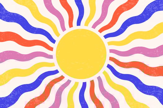 Retro sun background. Summer poster. Abstract vintage radial rays. 70s groovy design with grunge texture. Old style color wallpaper. Festive bright modern banner. vector