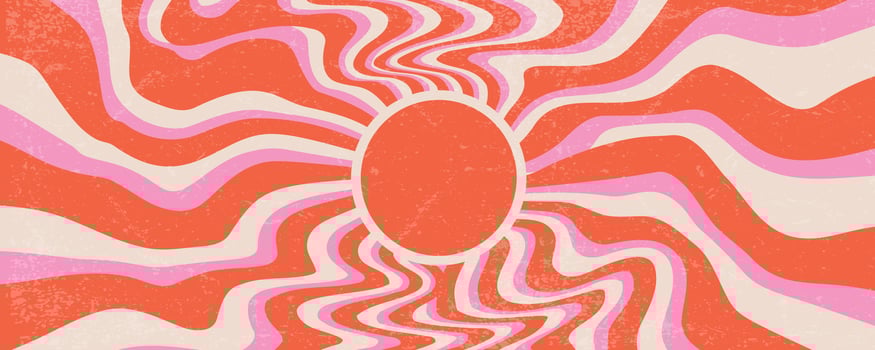 Sunrays retro background. Summer 70s poster. Abstract groovy design with grunge texture. Old paper banner with orange and pink spiral beams on yellow backdrop. vector
