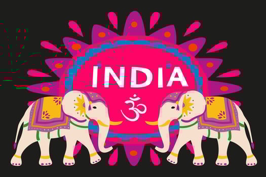 India Independence Day poster on a black background. Festive Indian elephants in festive clothes. Pink floral ornament and inscription. Traditional animal of India vector