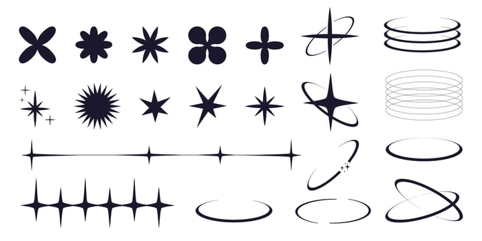 Set of y2k minimal geometric shapes thin line rings, abstract aesthetic element illustrated for banners, social media, poster design, sticker. Trendy design with frame, sparkles, star, lines vector