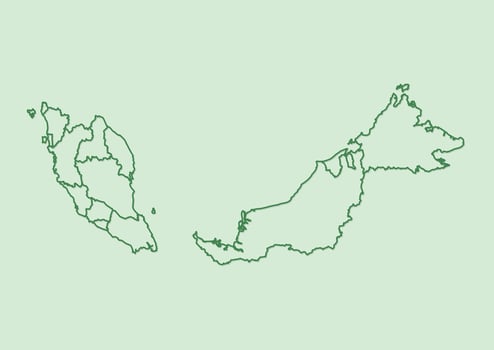 Green Malaysia map with border lines of different states on light background illustration vector