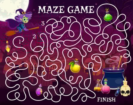 Halloween labyrinth maze, help witch find potion vector