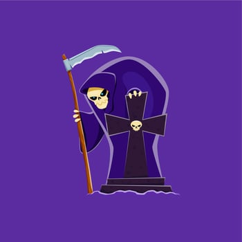 Cartoon Halloween death character near tombstone vector