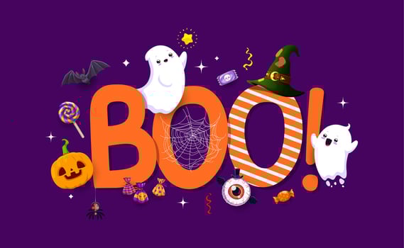 Boo Halloween banner funny kawaii ghost characters vector