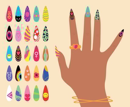 Nail design art. Bright colorful manicure design. Woman hand with fancy colored nails. illustration vector
