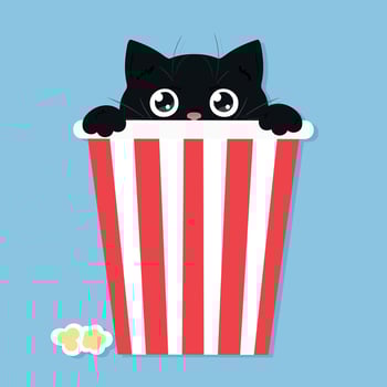 Cute black peeking cat. Cat is looking out of the popcorn bucket. Kitten hides and peeks. illustration vector