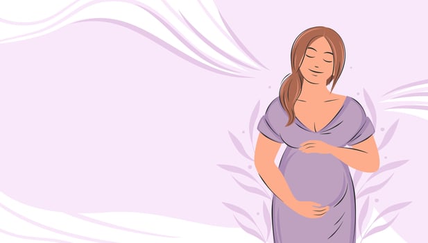 Banner about pregnancy and motherhood with place for text. Pregnant woman, future mom hugging belly with arms. vector
