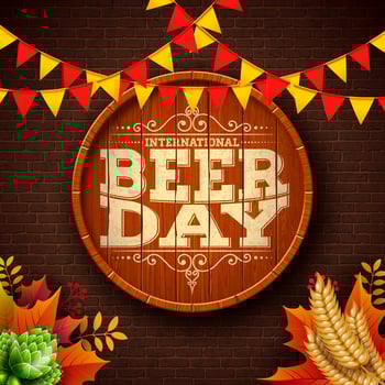 International Beer Day Design with Freshly Tapped Beer in the Mug, Barrel and Party Flag on Brick Wall Background. August 4 Cheers Celebration Holiday Illustration with Typography Letter for vector