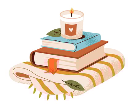 A stack of books with a candle on a cozy blanket. Pastime reading a book. vector