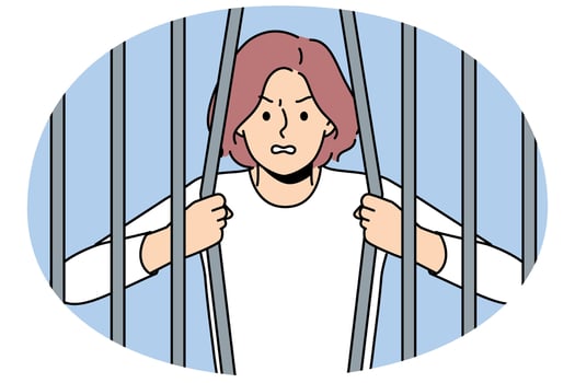 Woman breaks bars wanting to be released from captivity, for concept fight against restrictions vector